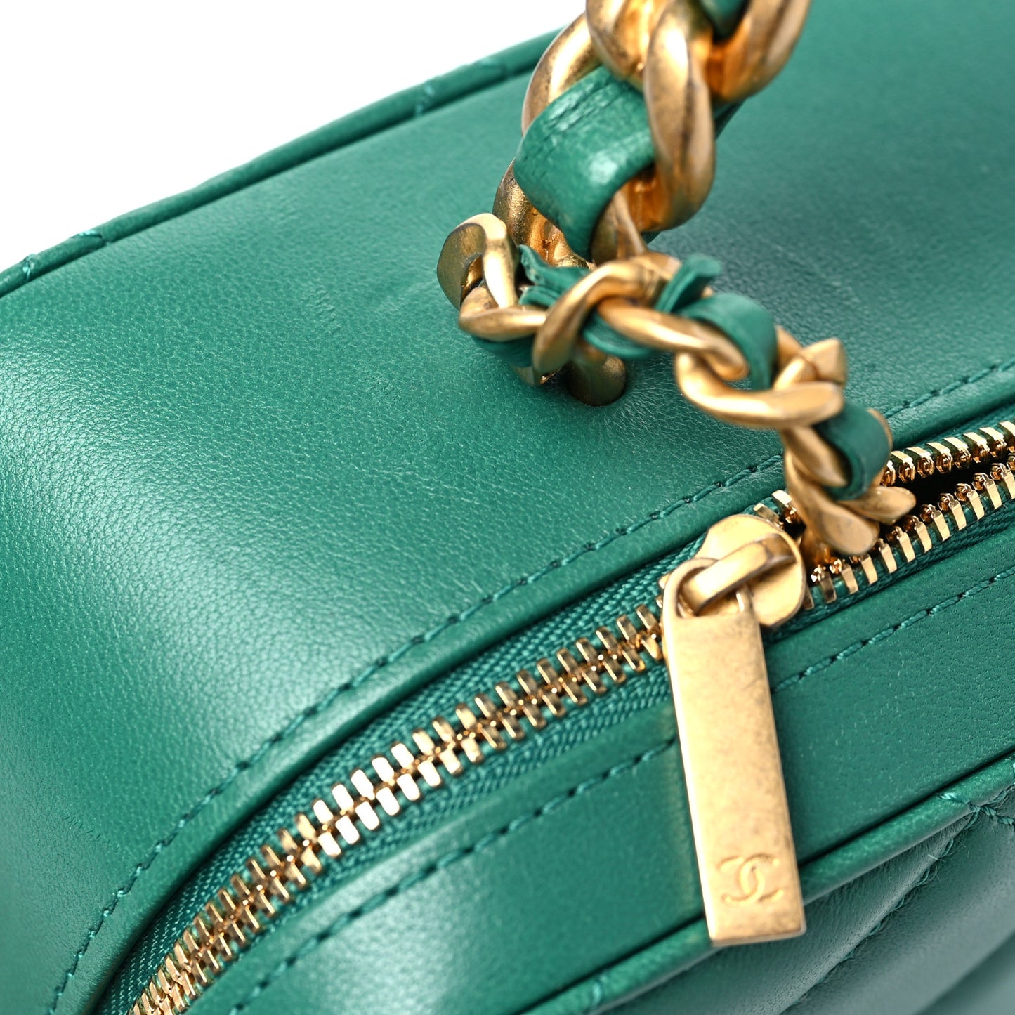 Lambskin Quilted Top Handle Vanity Case Green