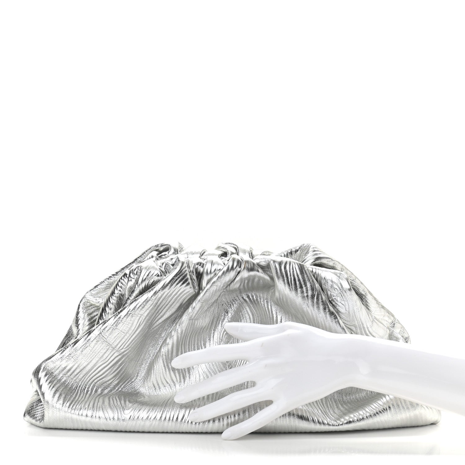 Bottega Veneta Metallic Bark Calfskin Embossed The Pouch Oversized Clutch Silver 2 of 8