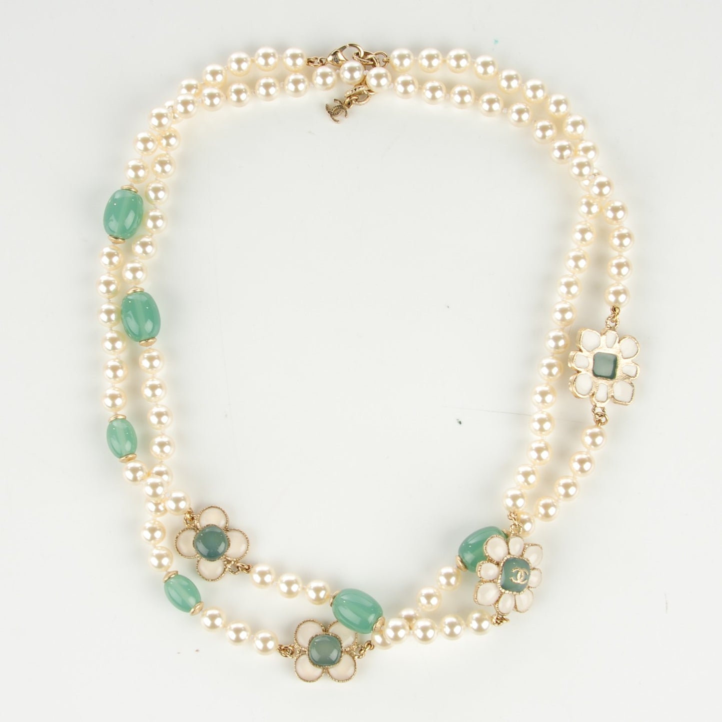 Pearl Gripoix Poured Glass Long Necklace Gold Green White