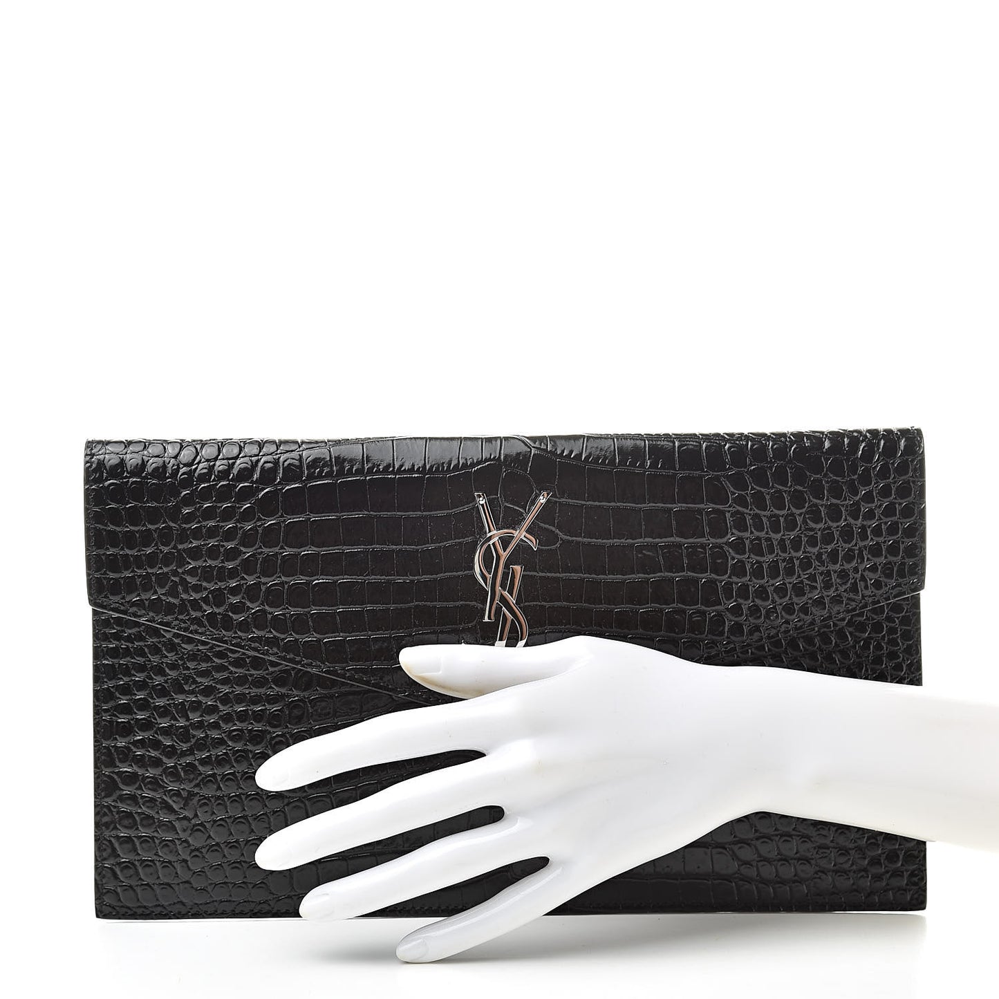 Calfskin Crocodile Embossed Uptown Monogram Clutch Black