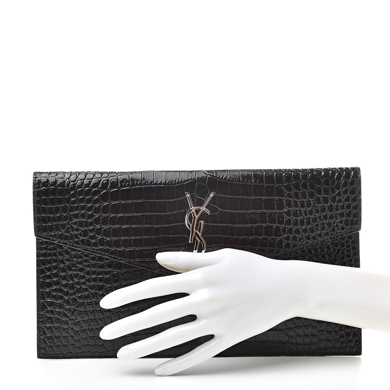 Saint Laurent Calfskin Crocodile Embossed Uptown Monogram Clutch Black 2 of 8