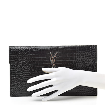 Saint Laurent Calfskin Crocodile Embossed Uptown Monogram Clutch Black 2 of 8