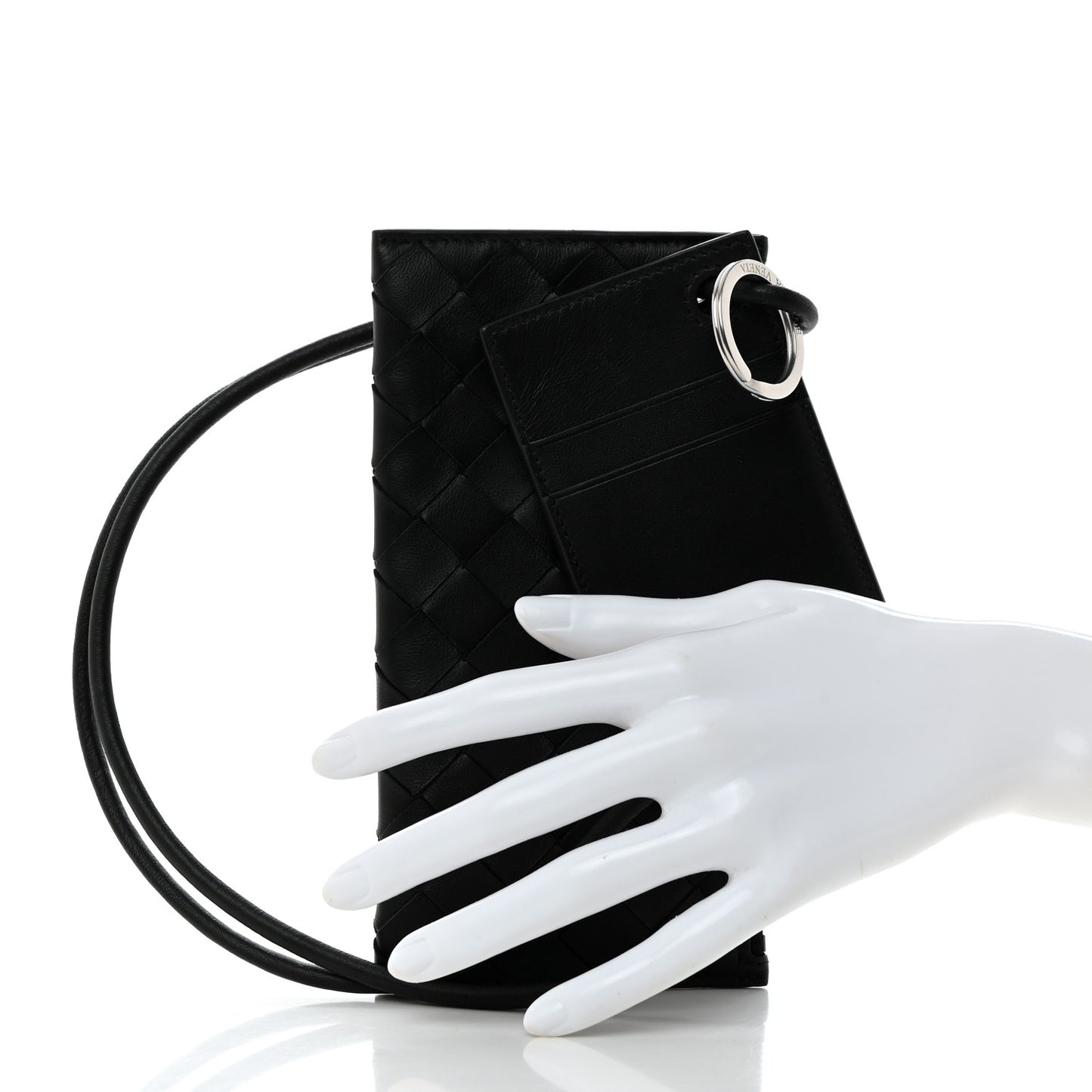 Nappa Intrecciato Card Case On Strap Black