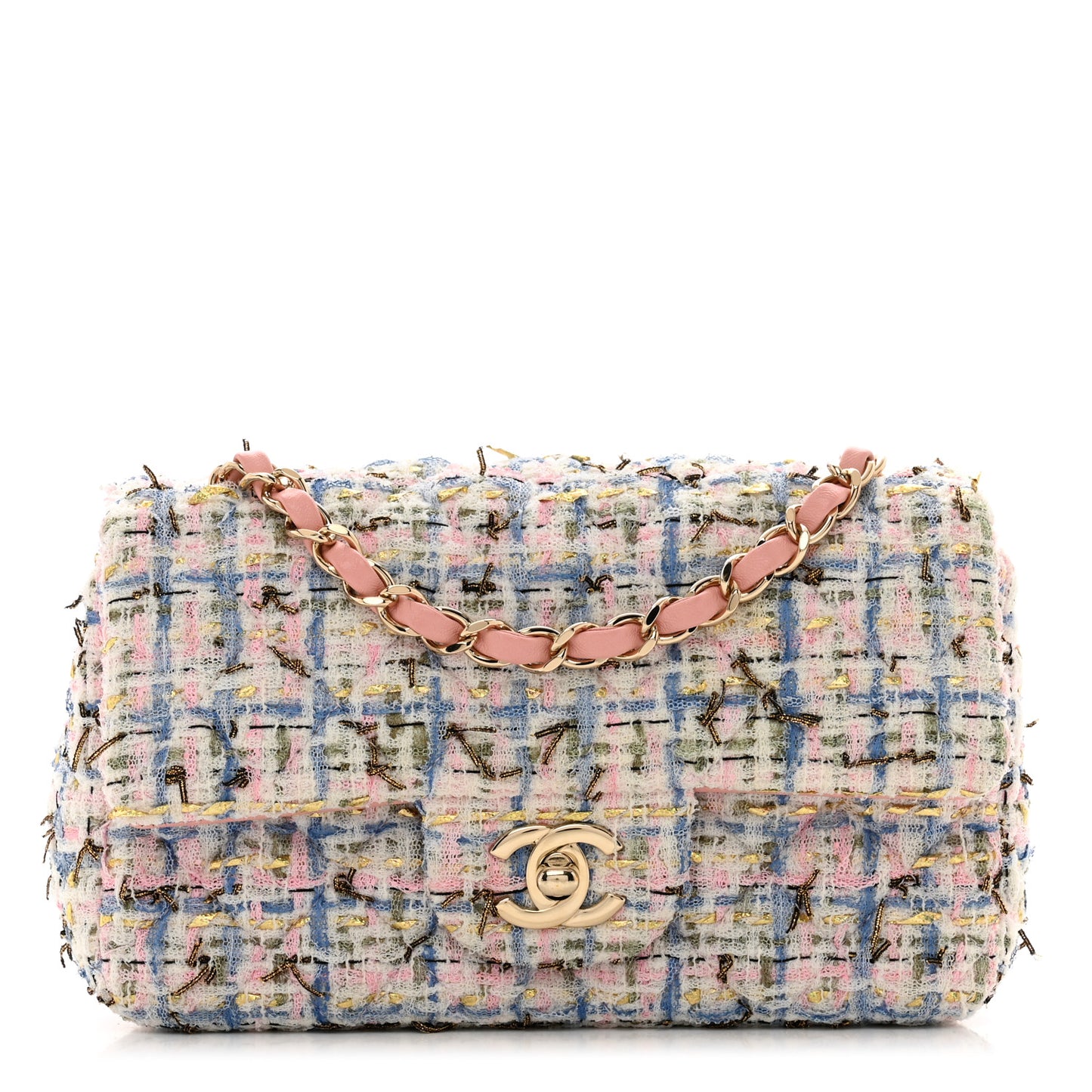 Tweed Quilted Mini Rectangular Flap Light Blue Pink Gold White