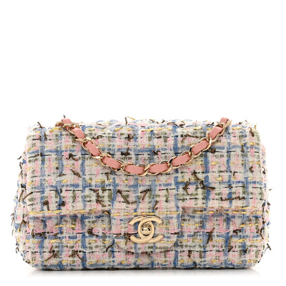 Chanel Tweed Quilted Mini Rectangular Flap Light Blue Pink Gold White 1 of 11
