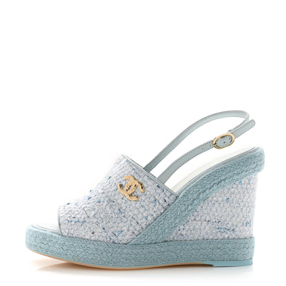Chanel Tweed Braided Cord Wedge Sandals  37 Blue 1 of 9