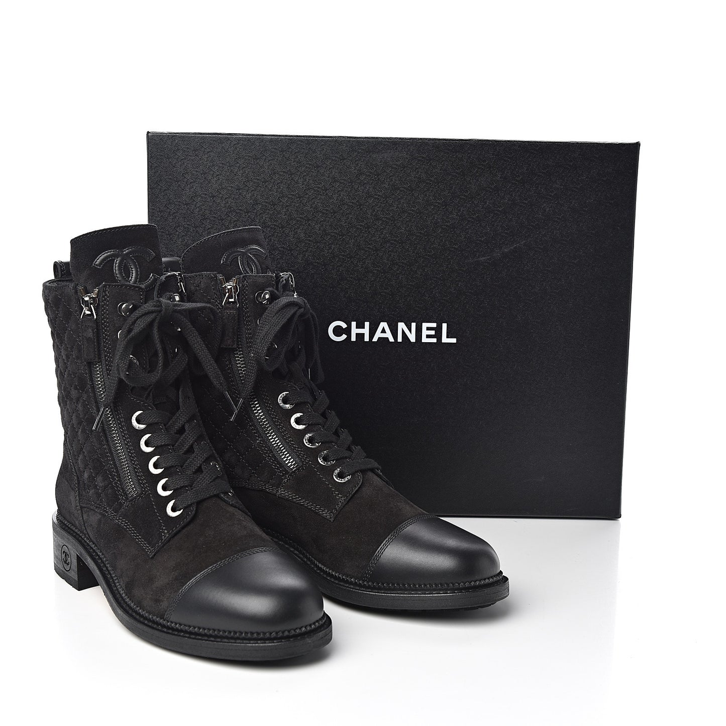 Suede Quilted CC Lace Up Combat Boots 40 Black