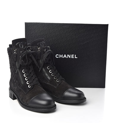 Chanel Suede Quilted CC Lace Up Combat Boots 40 Black 9 of 9
