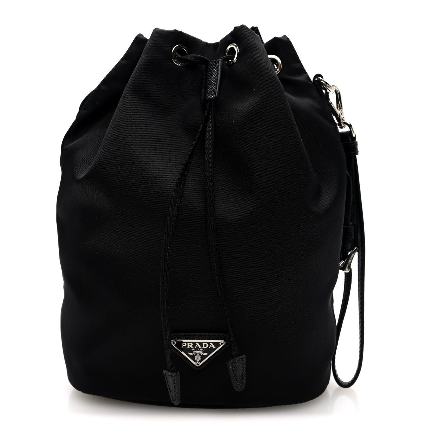 Saffiano Tessuto Re-Nylon Vela Bucket Wristlet Black
