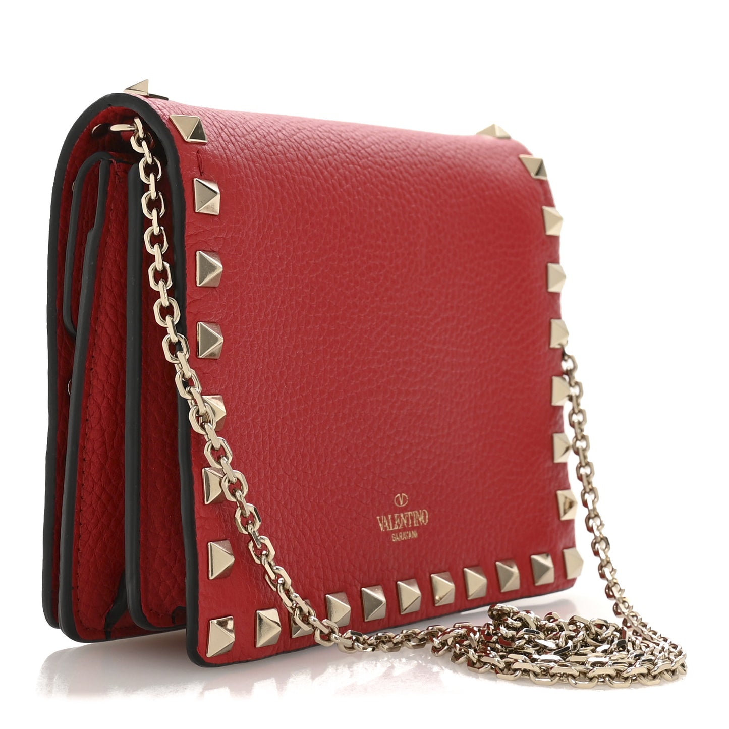 Pebbled Calfskin Rockstud Wallet on Chain Rouge Pur