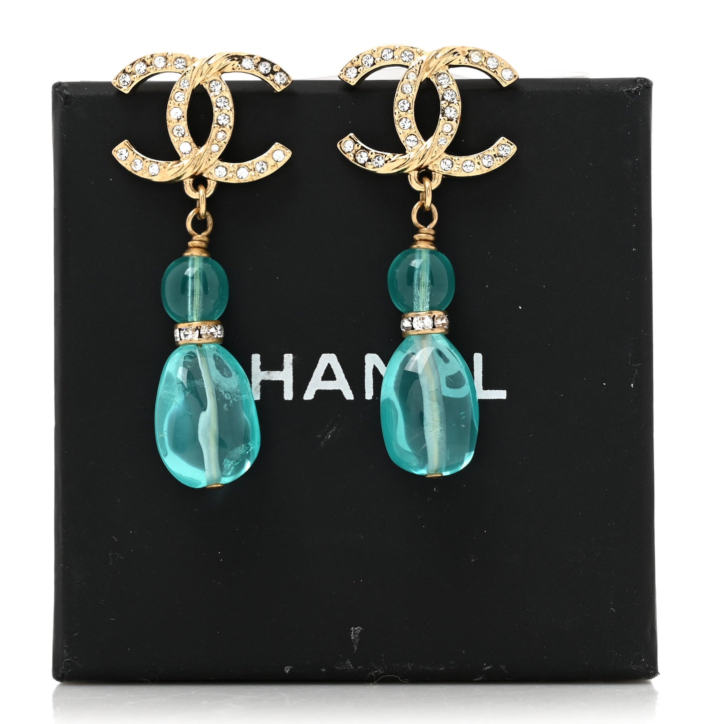 Crystal Stone CC Drop Earrings Blue Gold