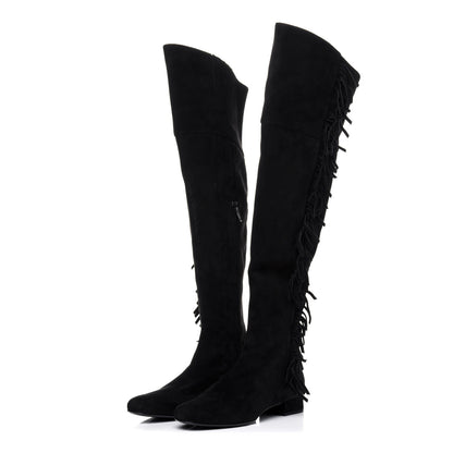 Saint Laurent Suede Goatskin BB 20 Over The Knee Fringed Boots 38.5 Black 3 of 9