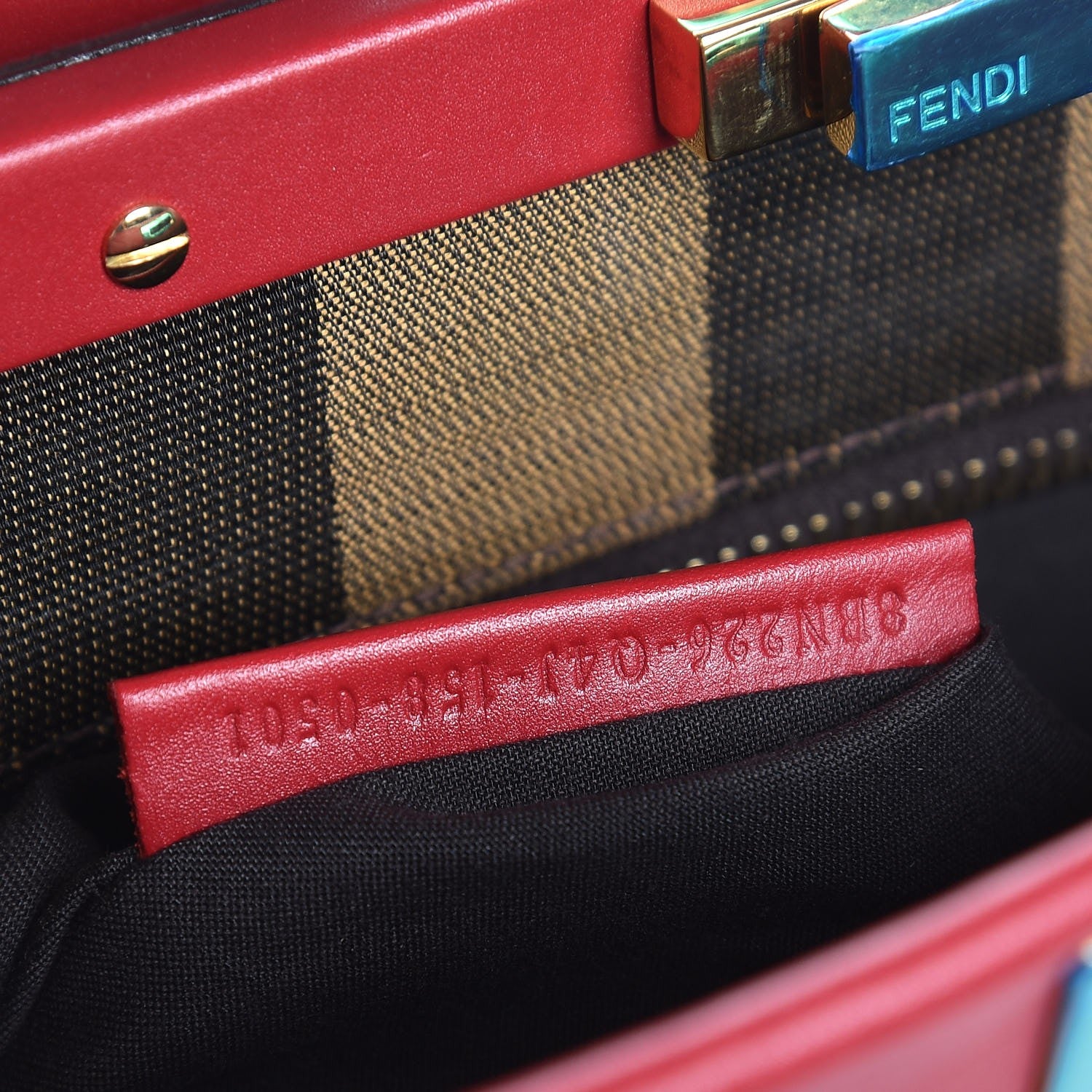 Fendi Vitello Morgan Fabric Jacquard Pequin Medium Peekaboo Iconic Satchel Mattone Tobacco Black 8 of 8