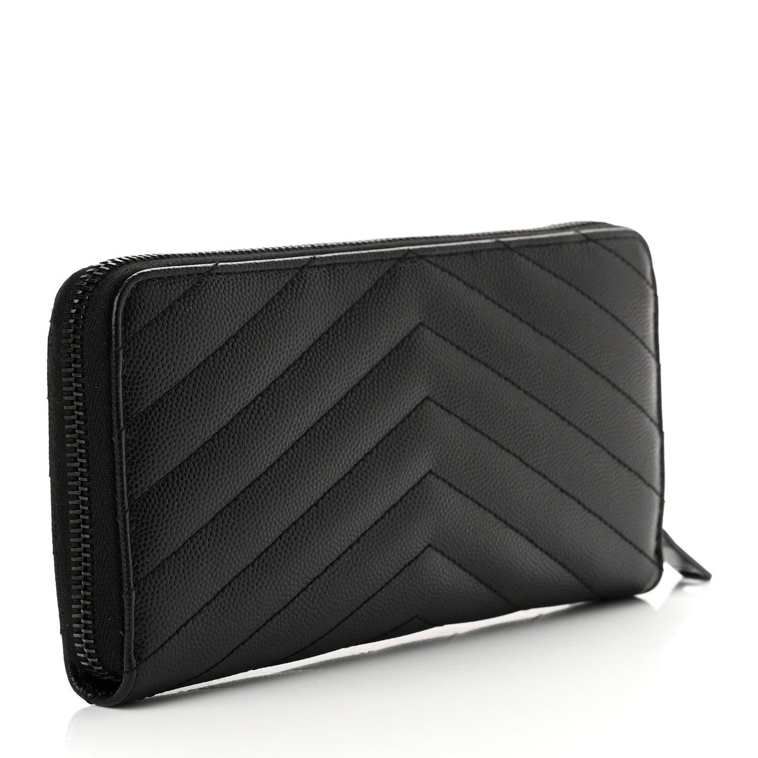 Saint Laurent Grain De Poudre Matelasse Chevron Monogram Monochrome Zip Around Wallet Black 3 of 6