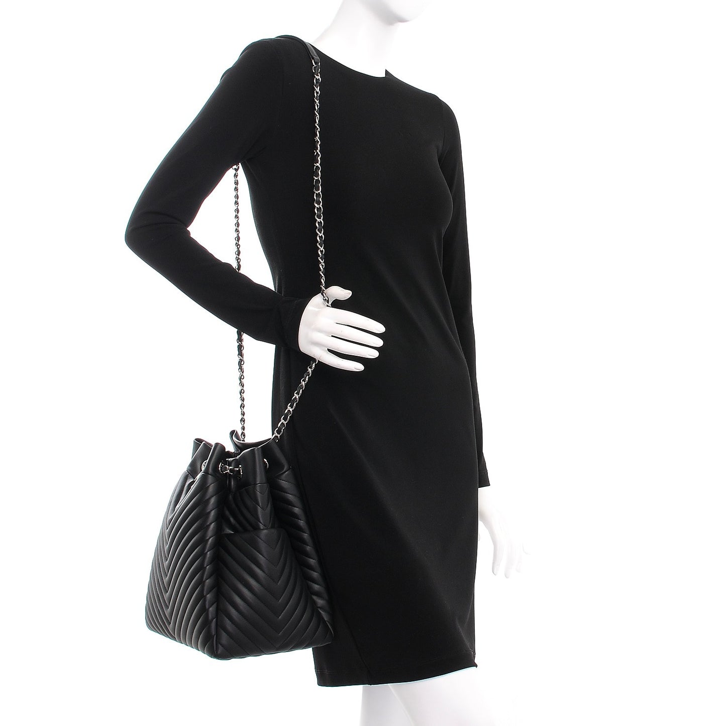 Calfskin Chevron Large Urban Spirit Drawstring Bag Black