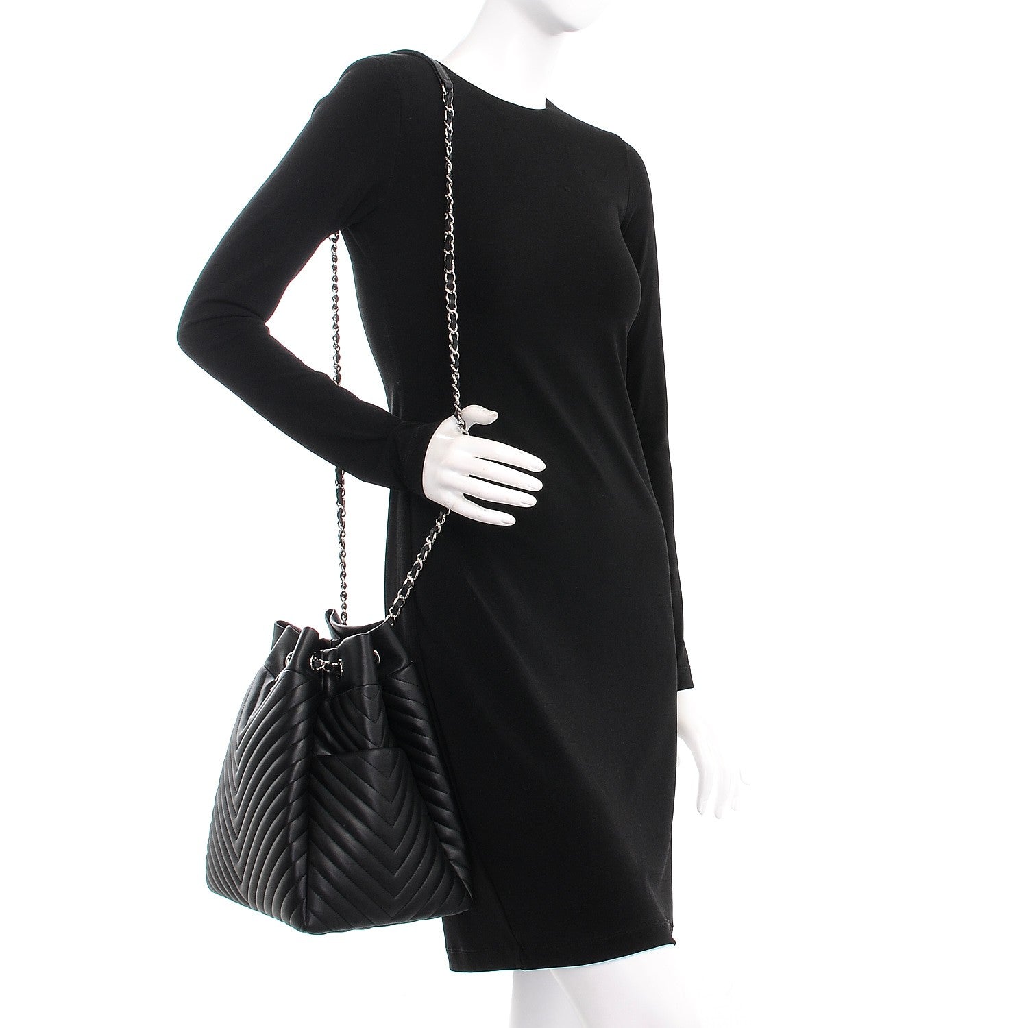 Chanel Calfskin Chevron Large Urban Spirit Drawstring Bag Black 2 of 7