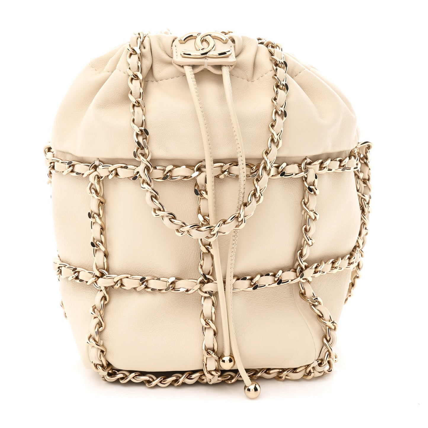 Lambskin Bucket Chain Drawstring Bag Beige