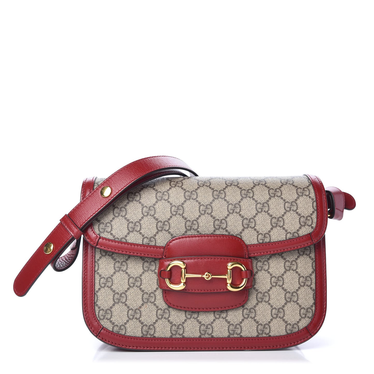 GG Supreme Monogram Azalea Calfskin Horsebit 1955 Shoulder Bag Beige Ebony New Cherry Red