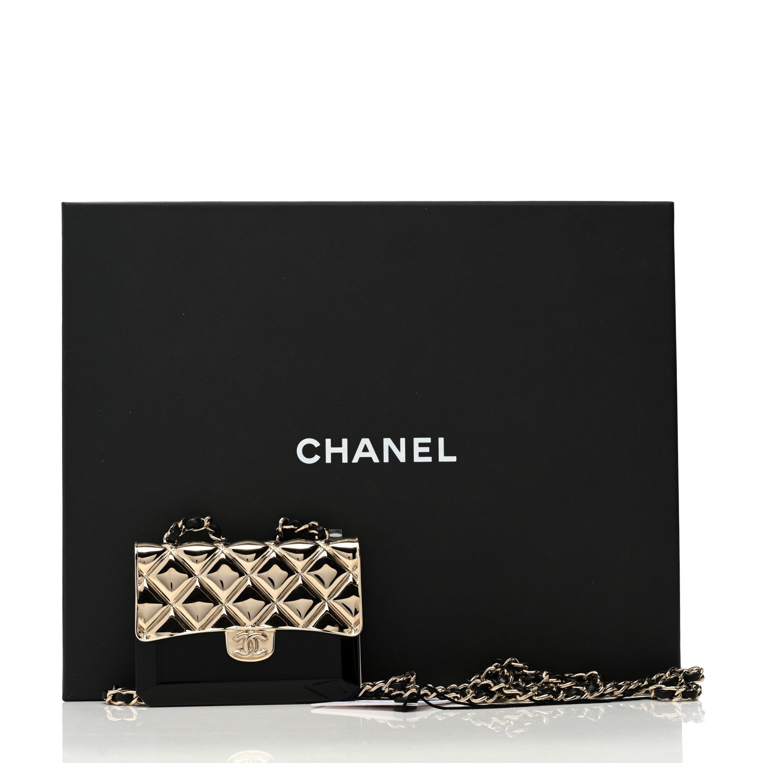 Chanel Metal Resin Lambskin Flap Bag Long Necklace Gold Black 5 of 5