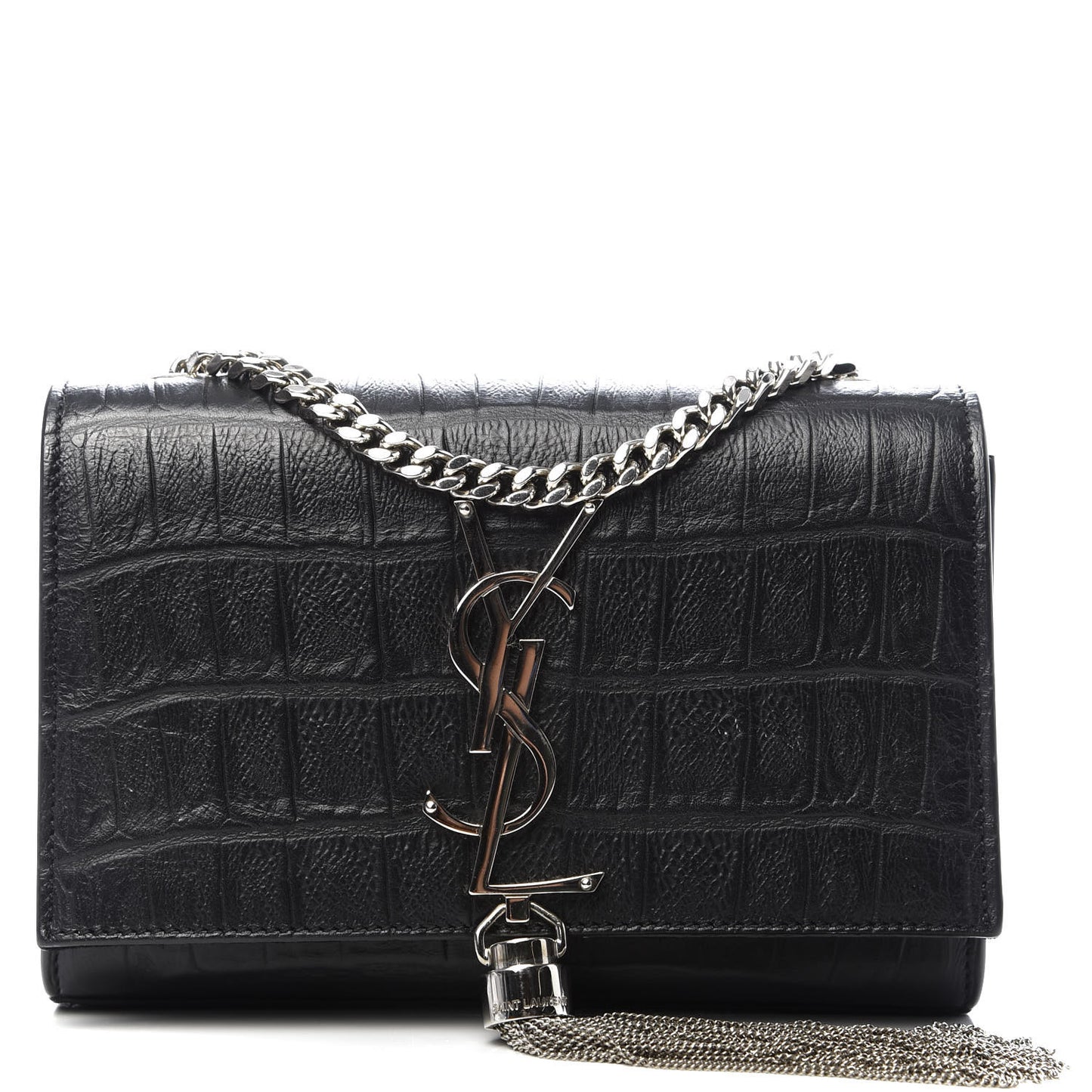 Calfskin Crocodile Embossed Monogram Small Kate Tassel Satchel Black