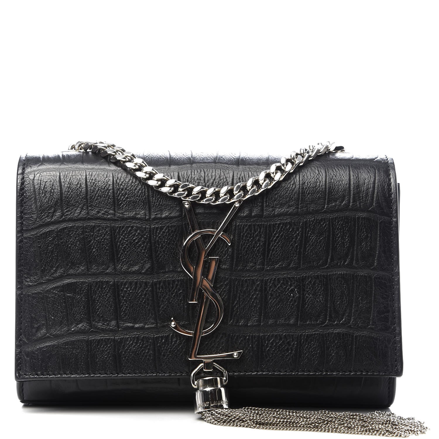 Saint Laurent Calfskin Crocodile Embossed Monogram Small Kate Tassel Satchel Black 1 of 8