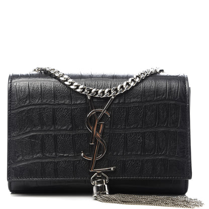 Saint Laurent Calfskin Crocodile Embossed Monogram Small Kate Tassel Satchel Black 1 of 8