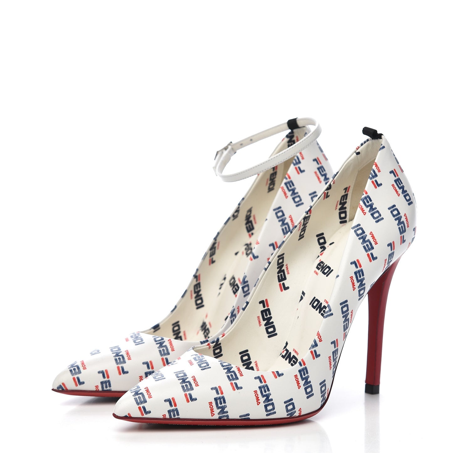 X FILA Vitello Mania Logo Print High Heel Pumps 38 White Blue Red Fragola