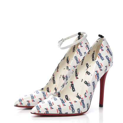 Fendi X FILA Vitello Mania Logo Print High Heel Pumps 38 White Blue Red Fragola 3 of 8