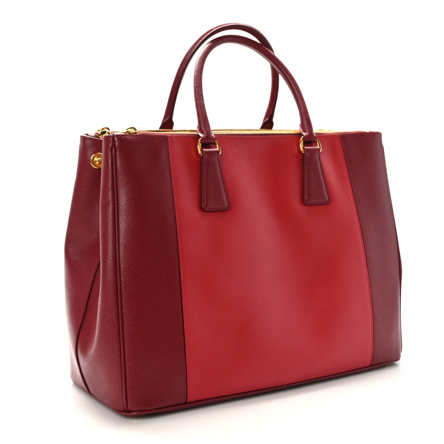 Saffiano Lux Bi-Color Large Galleria Double Zip Tote Cerise Fuoco