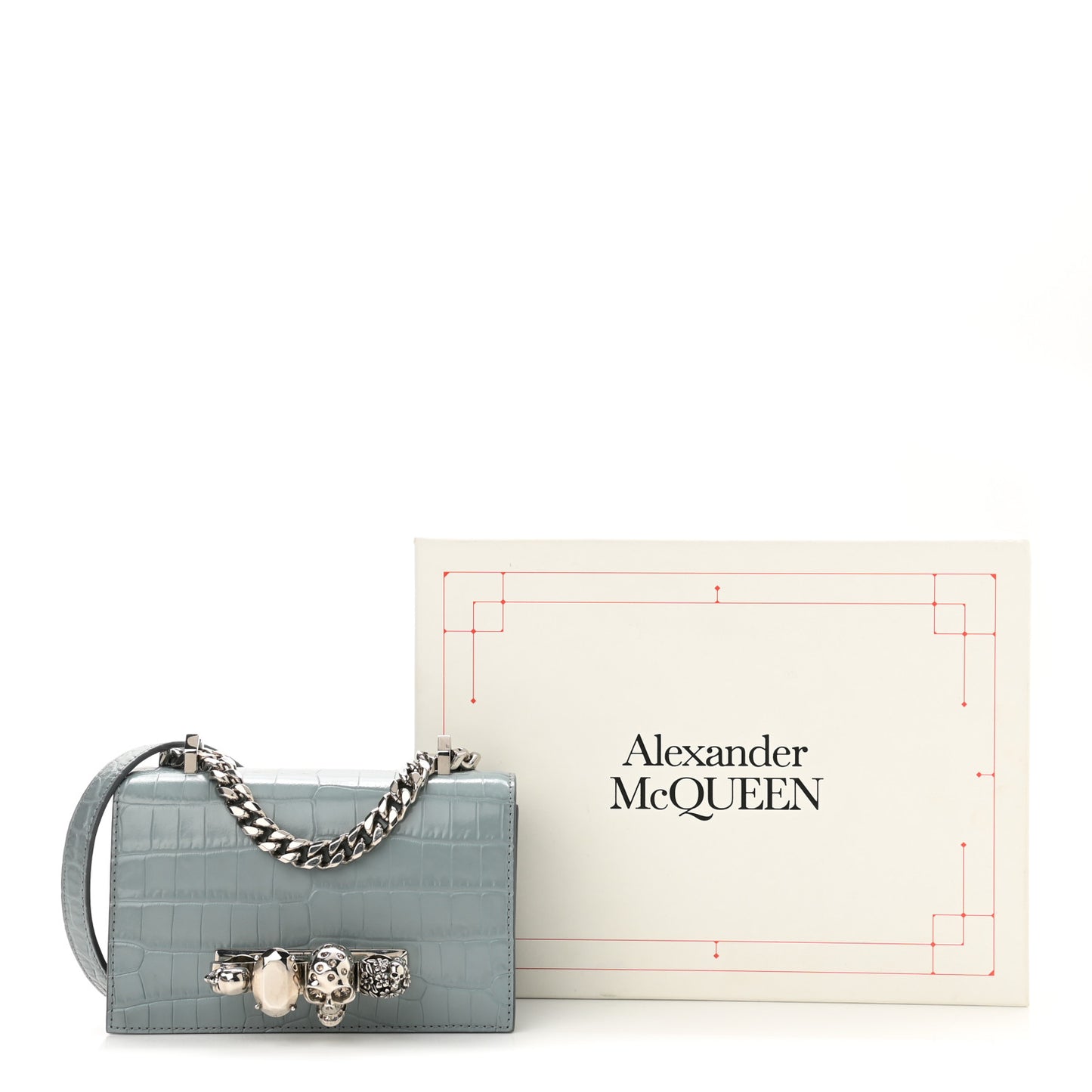 Shiny Crocodile Embossed Jeweled Satchel Blue Grey