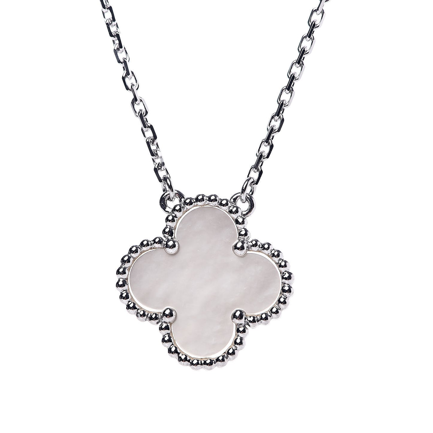 18K White Gold Mother of Pearl Vintage Alhambra Pendant Necklace