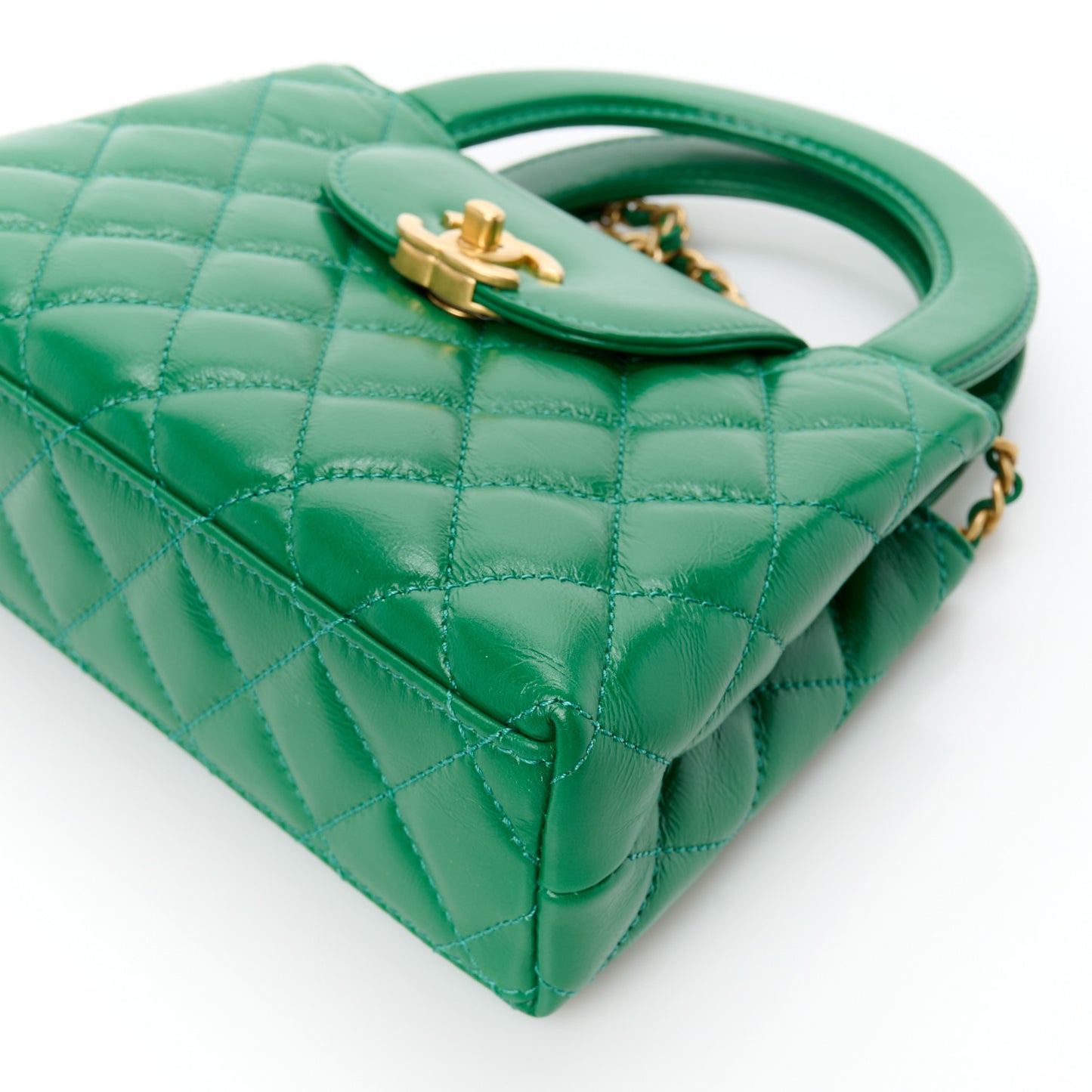Shiny Aged Calfskin Quilted Nano Kelly Shopper Green