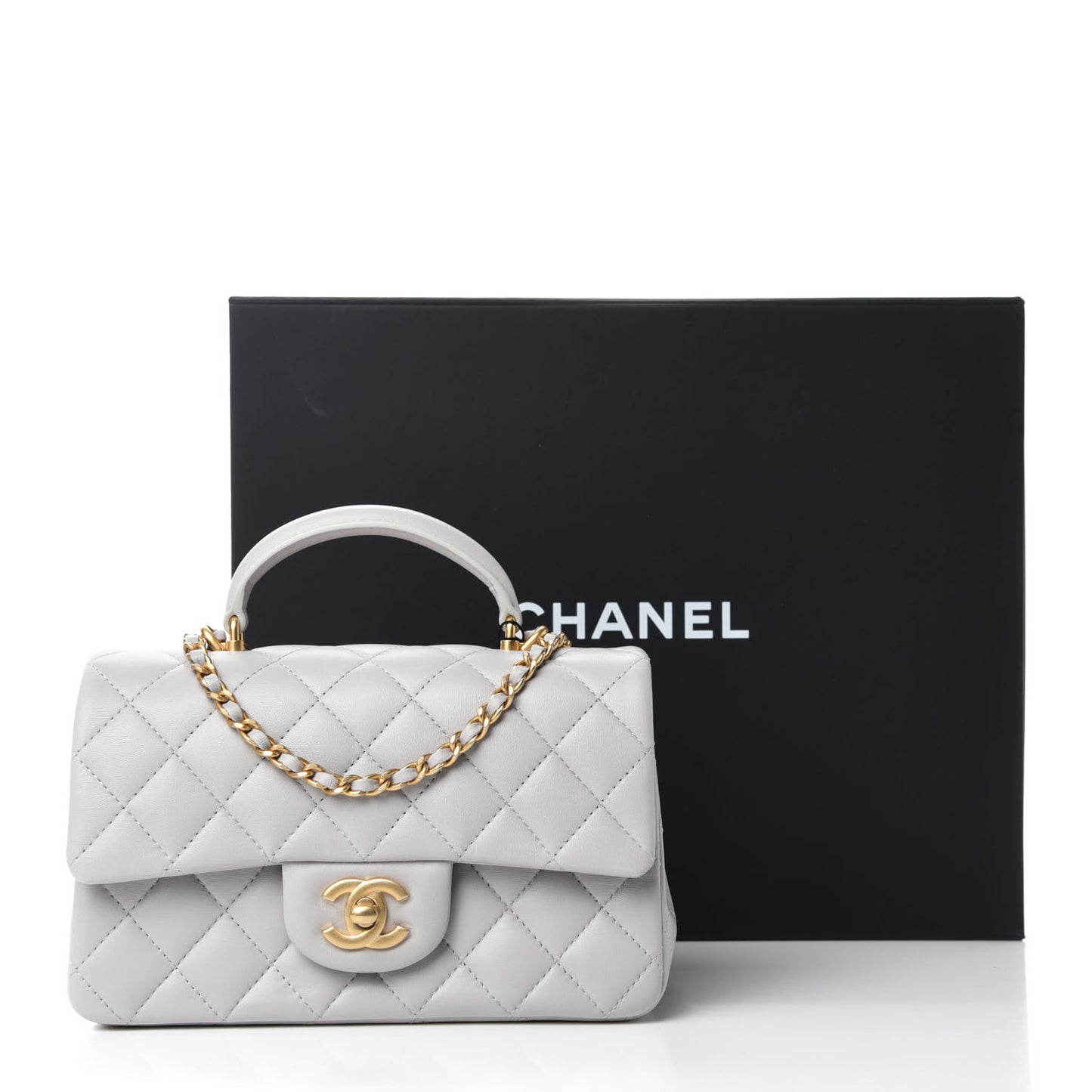 Lambskin Quilted Mini Top Handle Rectangular Flap Grey