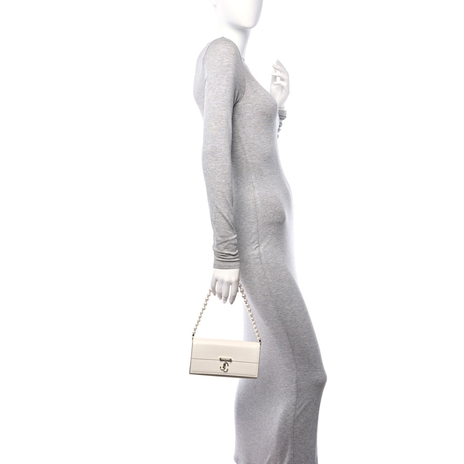 Jimmy Choo Box Calfskin Varenne Pearl Avenue Chain Clutch Latte 2 of 13