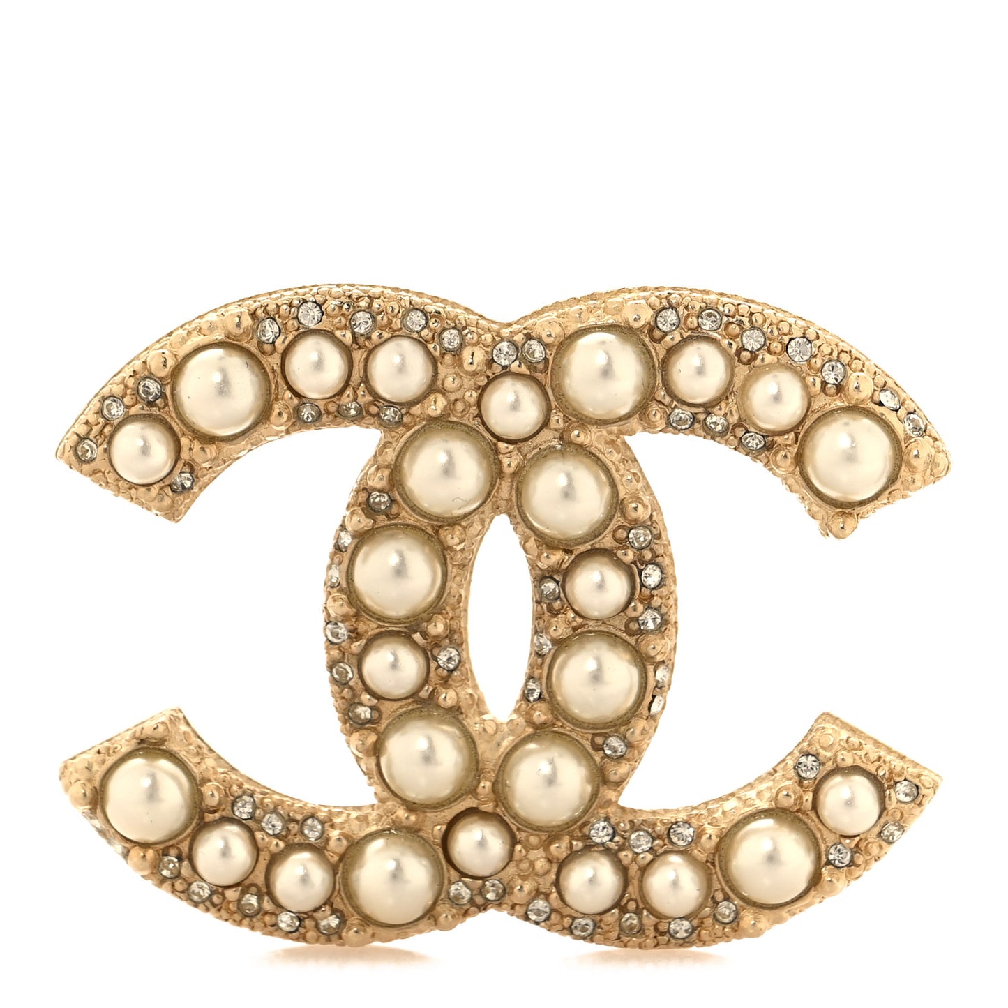 Metal Crystal Graduated Pearl CC Brooch Gold