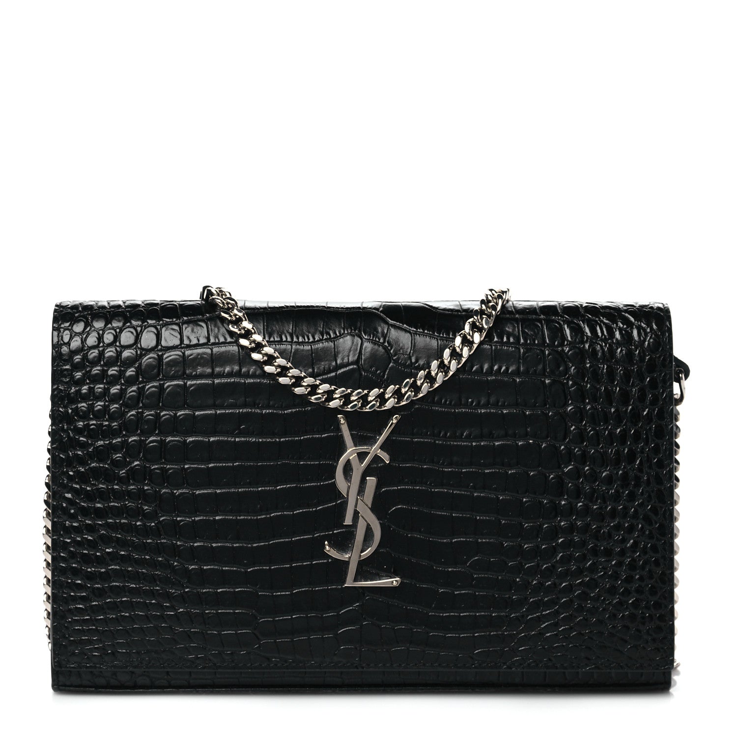 Saint Laurent Calfskin Crocodile Embossed Monogram Chain Wallet Black 1 of 10