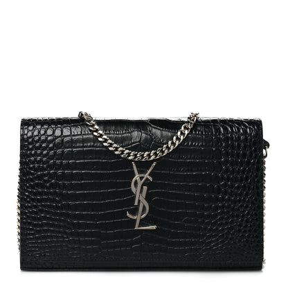 Saint Laurent Calfskin Crocodile Embossed Monogram Chain Wallet Black 1 of 10