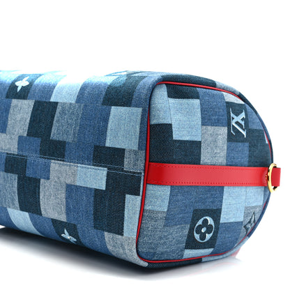 Louis Vuitton Denim Damier Monogram Patchwork Speedy Bandouliere 30 Blue Rouge 9 of 9