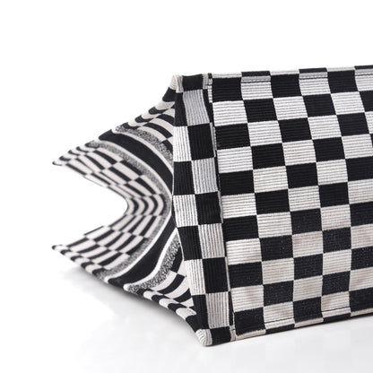 Christian Dior Canvas Embroidered Checkered Book Tote Black White 5 of 11