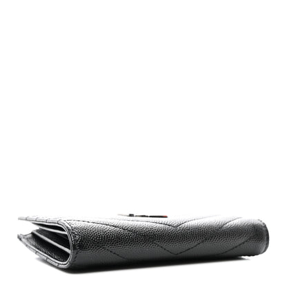 Saint Laurent Grain De Poudre Matelasse Chevron Monogram Zipped Card Case Black 4 of 7