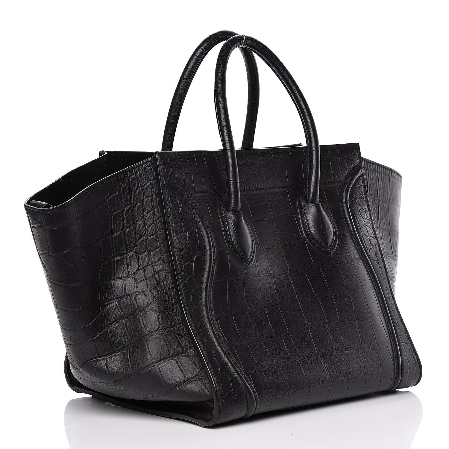 Celine Crocodile Embossed Calfskin Medium Phantom Luggage Black 3 of 9