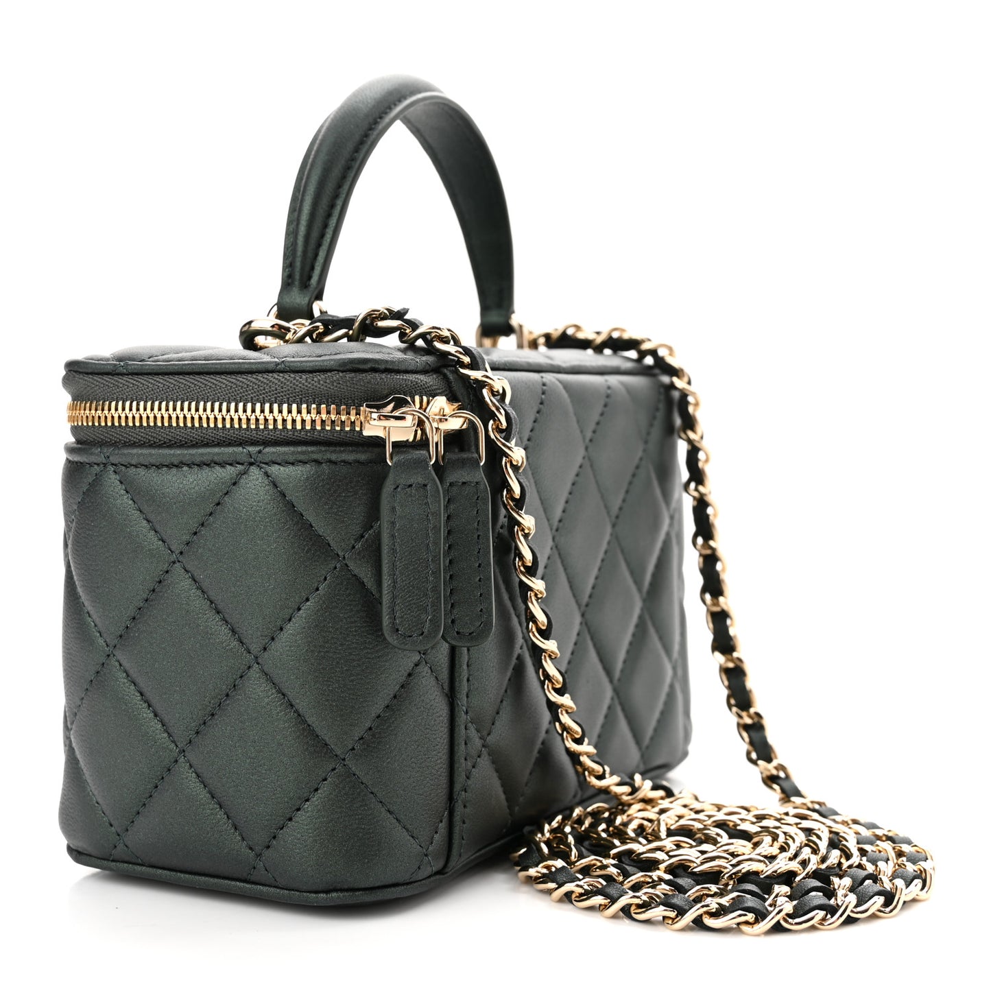 Iridescent Lambskin Quilted Small Top Handle Vanity Case With Chain Dark Green