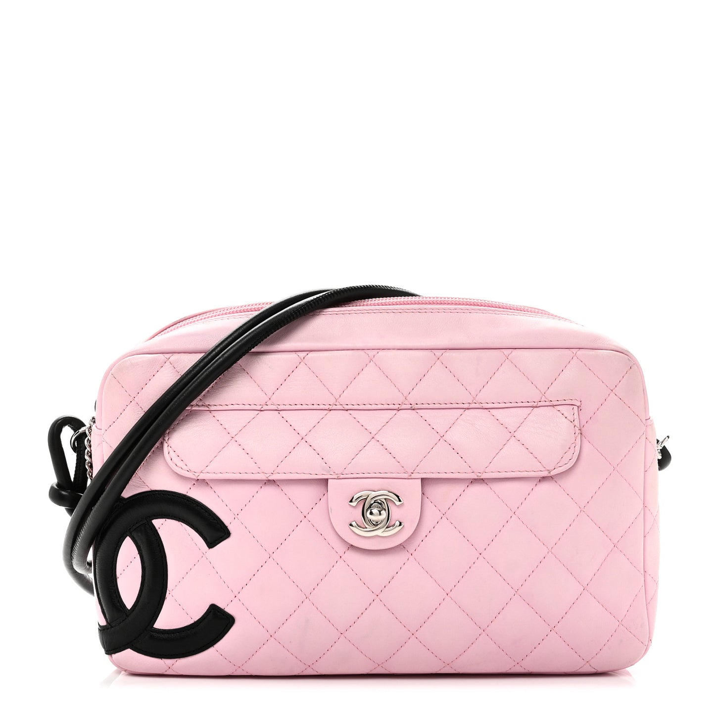 Calfskin Quilted Cambon Camera Case Pink Black