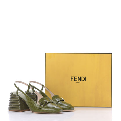Fendi Calfskin Crocodile Embossed Promenade Slingback Loafer Pumps 38.5 Military Green 12 of 12