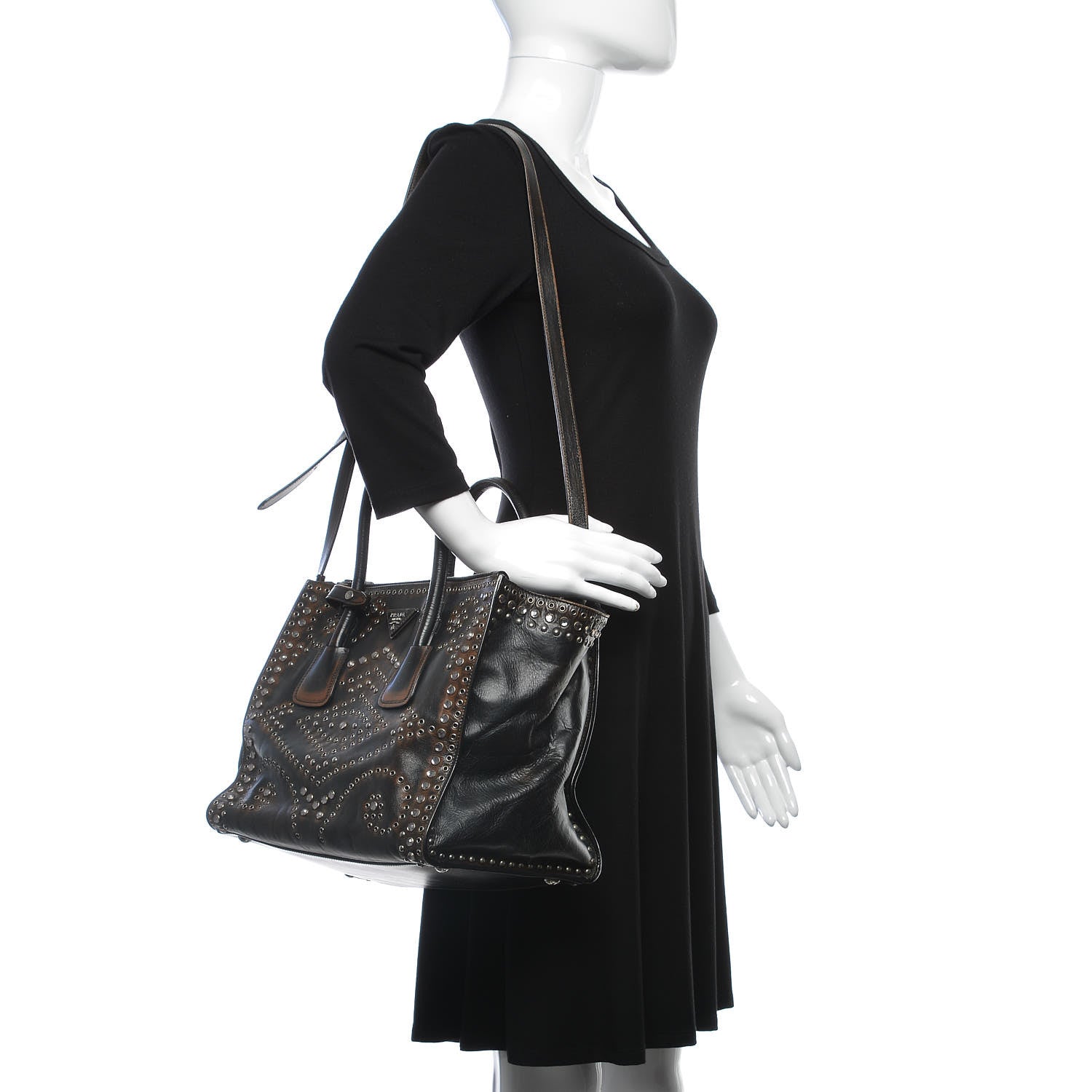 Prada Vitello Vintage Studded Twin Pocket Tote Ebano 359036