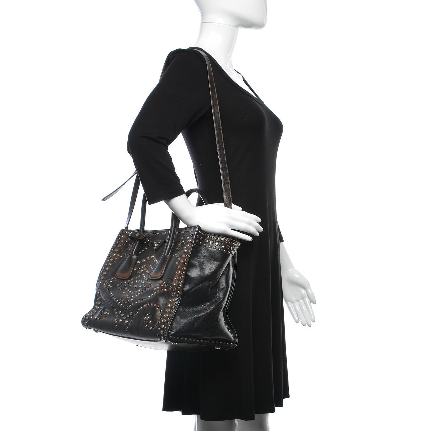 Vitello Vintage Studded Twin Pocket Tote Ebano