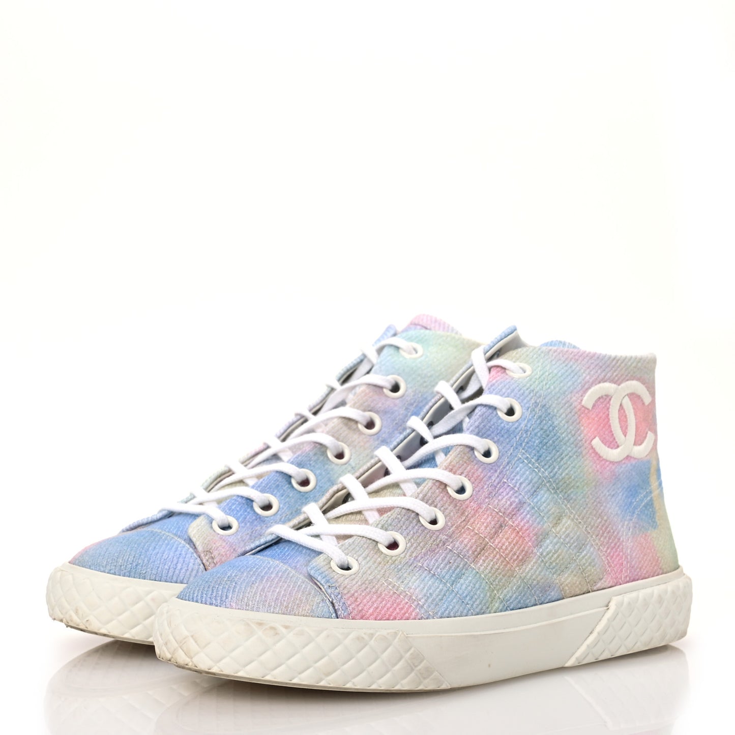 Printed Fabric Quilted High Top Sneakers 38.5 Green Pink Blue White