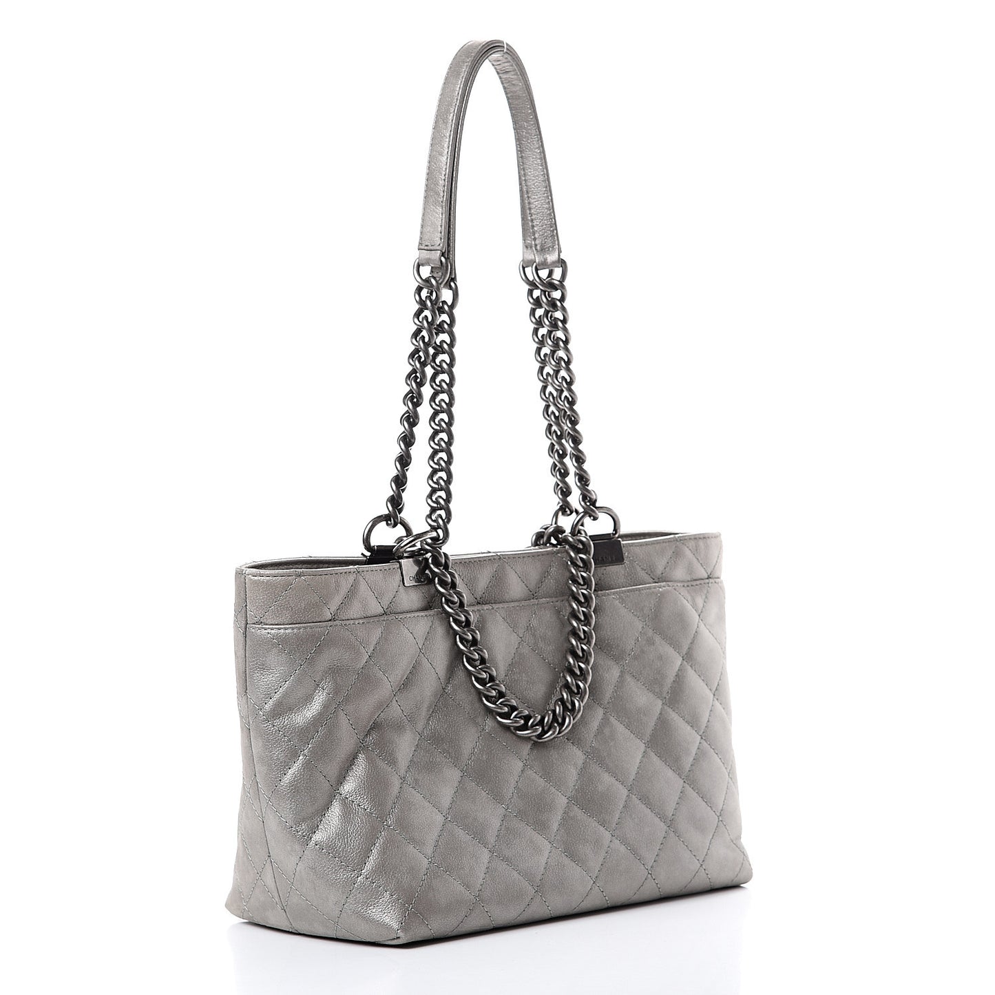 Metallic Calfskin Quilted Small Shopping In Chains Tote Silver