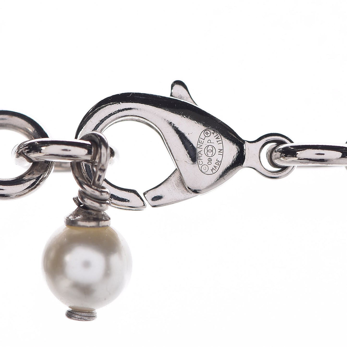 Crystal Pearl CC Long Necklace Silver