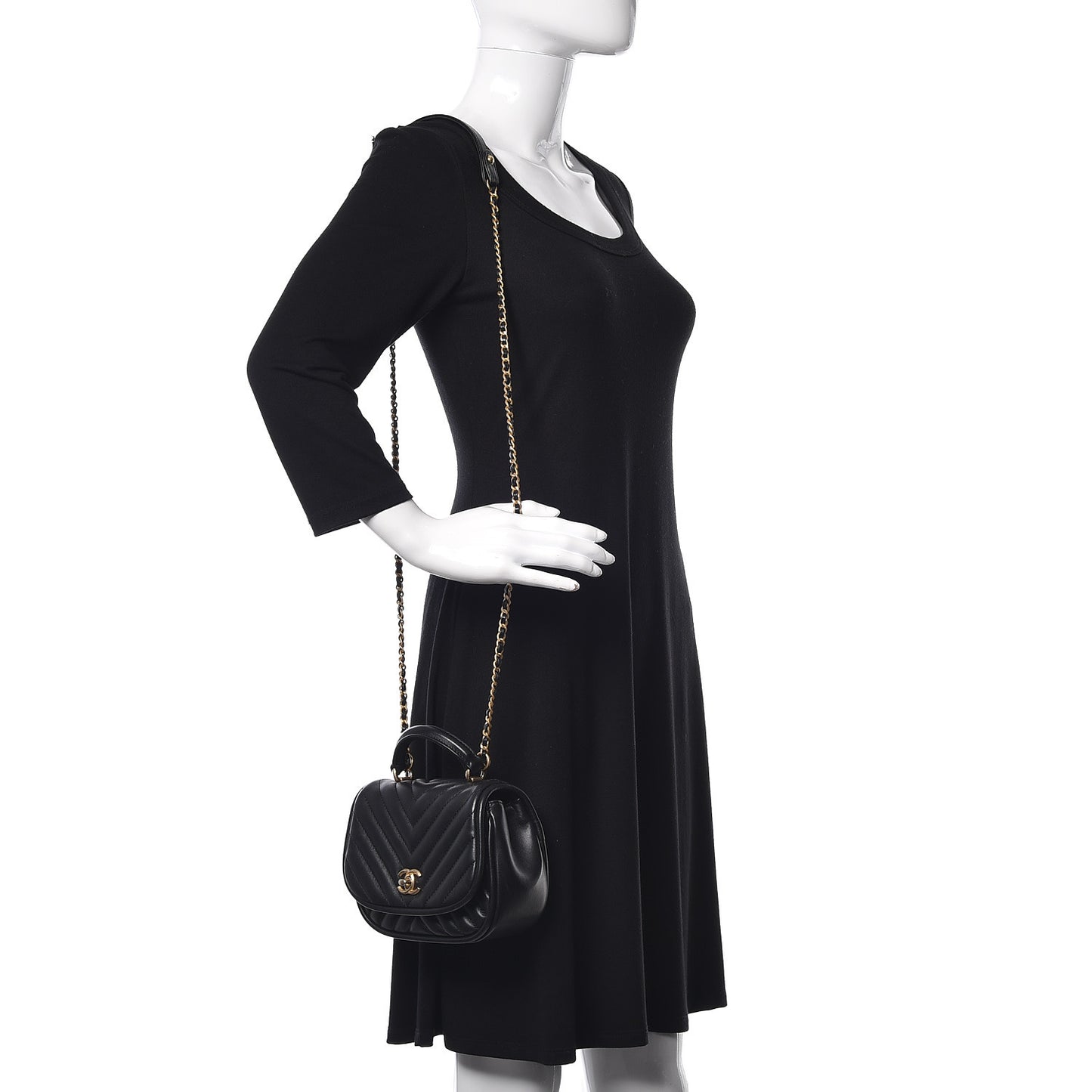 Lambskin Reverse Chevron Quilted Mini Round Top Handle Flap Black